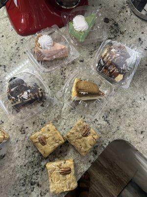 Pecan praline blondies and assorted cheesecake