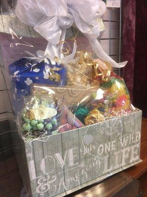 $45.00 gift basket. Filled with chocolates, popcorns, and a variety of novelties guaranteed to wow the one receiving it.