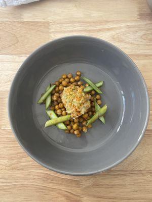 Cod Crudo with Honey Roasted Chickpeas and Crisp Asparagus