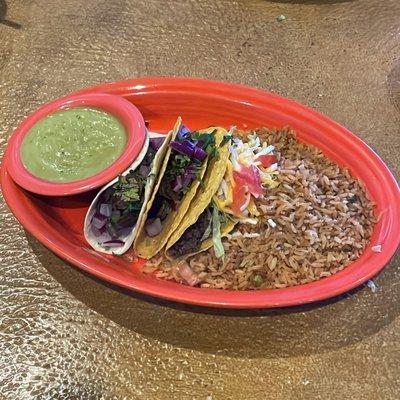 Brisket And Ground beef Tacos, Rice, Avocado Salsa