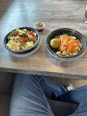 Teriyaki Grilled salmon bowl on kelp noodles and teriyaki grilled chicken bowl on brown rice .