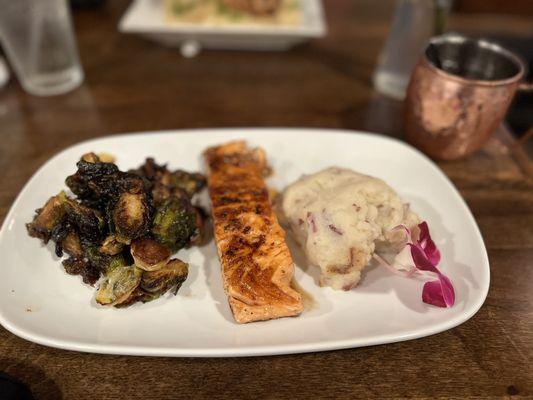 Bourbon Glazed Salmon with brussel sprouts and mashed potatoes