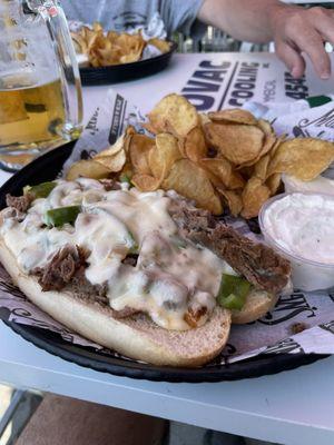 excellente Philly cheese steak. Horsey sauce makes all the difference. Good chip dip add too