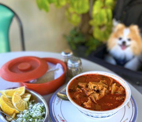 Menudo: Beef Tripe Soup w/ pata (pig's feet), requested no hominy, handmade corn tortillas | $14.95 (available everyday!)