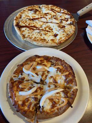 Spicy queso pizza and bbq smokehouse pizza