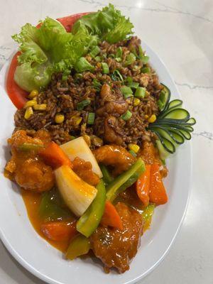 Shrimp fried rice sweet and sour chicken