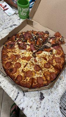 Large pepperoni with sausage, salami and mushrooms added to "half"