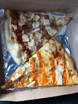 Buffalo chicken pizza and BBQ chicken pizza. So tasty!