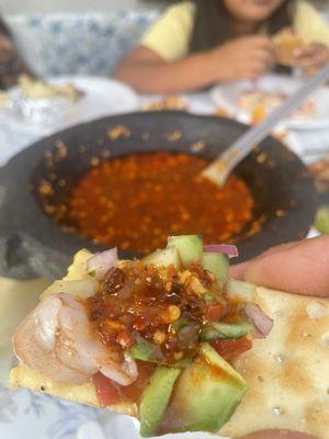 Ceviche! With salsa de molcajete! Picosa y deliciosa!