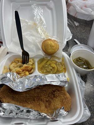 Fried catfish, mac & cheese, squash, green beans