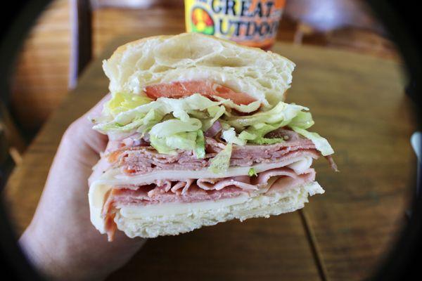 Turkey Pastrami on a Croissant with Double Meat and The Works.