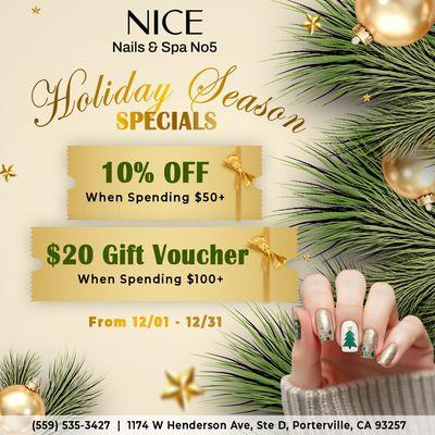 HOLIDAY SEASON SPECIALS

 Enjoy 10% OFF when you spend $50 or more.
 Enjoy a $20 Gift Voucher when you spend $100 or more!