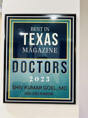 Dr. Shiv K. Goel, Voted and Featured in Texas Best Physicians Magazine