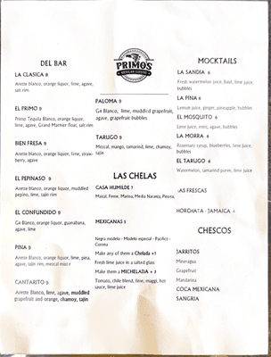 Bar Menu
Margaritas 
Beer & booze 
Mocktails