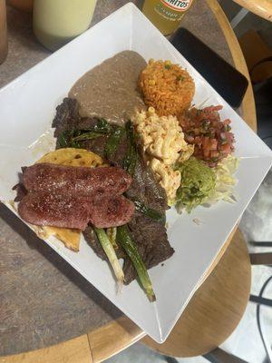 Carne Asada Plate with Sausage, Quesadillas and Amazing Sides