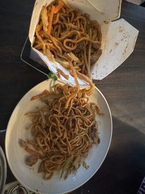 Chicken Lo Mein. Large order is enough for 2/3 meals and sharing. Perfectly seasoned and cooked, never soggy.