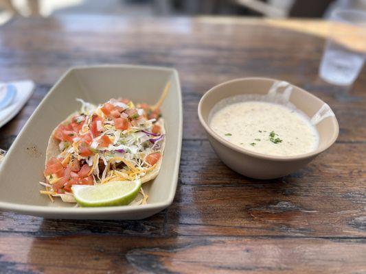 clam chowder  and albacore taco