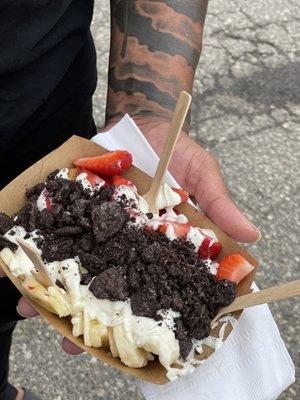 Banana, strawberries, Oreo and pancakes with white chocolate