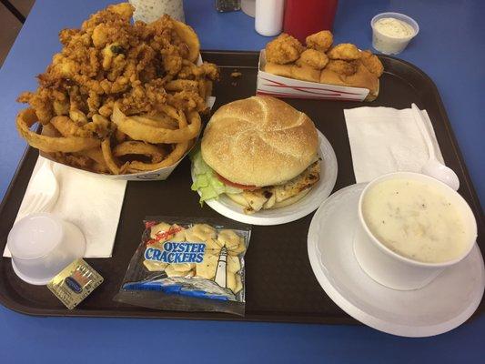 Clam basket, grilled haddock sandwich, Haddick chowder scallop roll