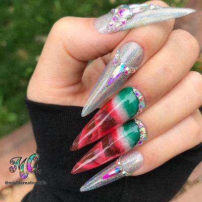 Some crystal nails inspired by watermelon tourmaline!