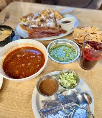 brunch - birria, sourdough french toast with bacon (fantastic), texas queso (also fantastic), and bottomless sangria