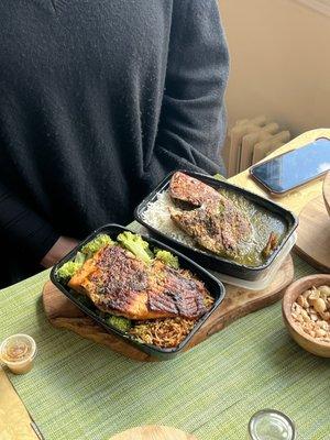 Grilled Salmon/Fried Rice w/ Broccoli & Grilled Snapper White rice w/ Callaloo