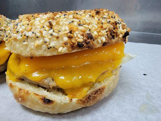 Sausage, Egg, Cheese on Everything Bagel.