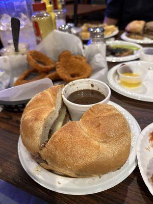 Beef sandwich on a Kaiser roll- onion rings (minus a few I already ate lol) and the butter you can see from the fried mushrooms we had!