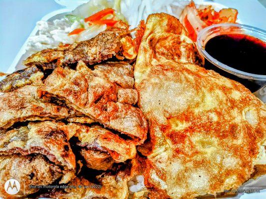 Meat Jun & Fish Jun Combo w/ White Rice + 4 Korean Sides. Kalbi Express, Waiākea Center.