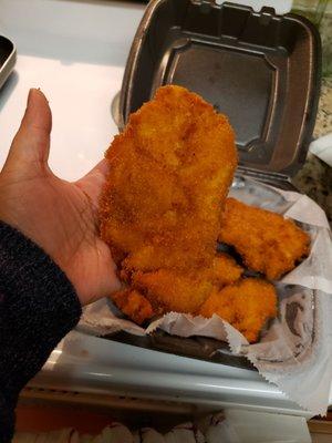 Huge chicken tenders. Panko breading. Awesome flavor. This is an order of 4! I had some of them with pasta the next day .