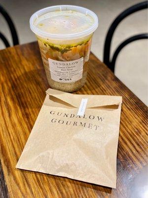 Take home: Lemon chicken rice soup and choc chip cookie