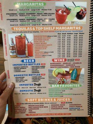 Drink menu Dash margaritas, beer, wine, soft drinks, juices