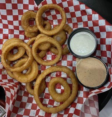 Appetizer- Onion rings with some kind of spicy sauce and ranch