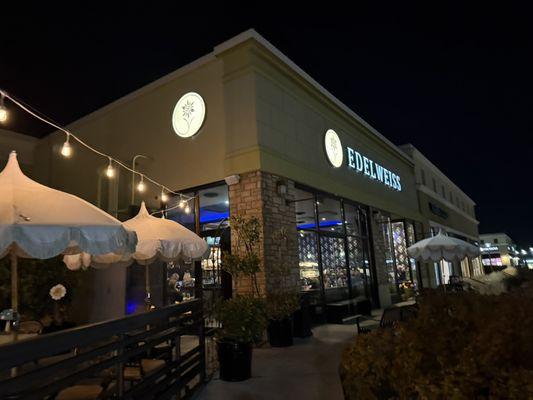 Restaurant front at night