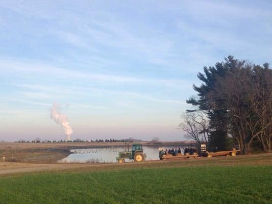 Hayrides to get around the farm (complementary)... There are pay stations and port-a-potties at the drop-off/pick-up.