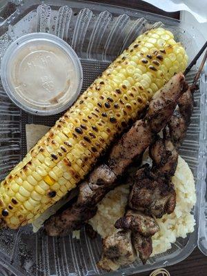 Skewers Meal w/ Jamaican Jerk Chicken, Grilled Corn, Seasoned Rice - $12.75