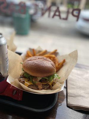 Impossible burger and sweet potato fries