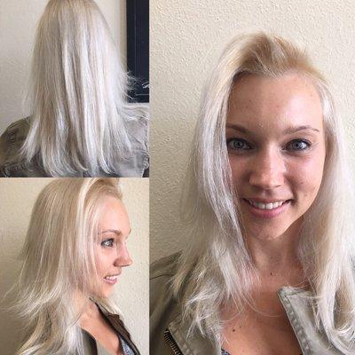 Beautiful platinum blonde with long layers.