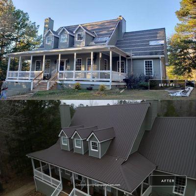 A storm damaged this designer shingle roof, the insurance paid for it's full replacement, & got a new Burnished Slate Metal Roof installed