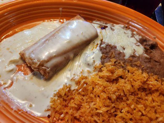 Pick 2 Fried chimichanga,rice and beans