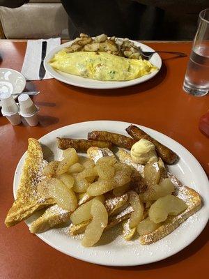 Fenway Faithful Omelette & apple cinnamon French toast with a side of sausage