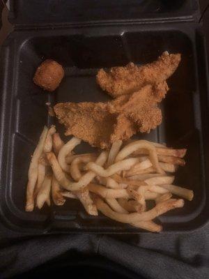 I order a catfish basket for curbside and this is what I got. So disappointed and I left a 25% tip. Never again