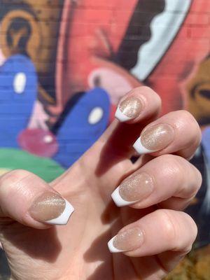 Coffin French tip rosé champagne cat eye Gel-X by Marcela