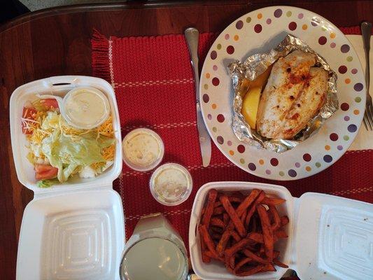 Take-out of Stuffed Haddock with Sweet Potato Fries.  Also New England Clam Chowder.