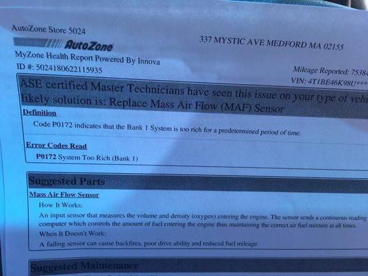 Bogus diagnostic summary with an incorrect error code and a vin number that doesn't even match my car!