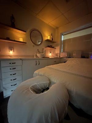 Our treatment room set for an evening session.