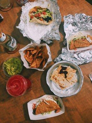 Hard shell tacos, soft shell tacos, quesadilla, chips and guac. Great feast!