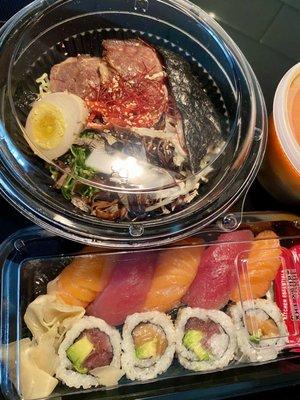 Spicy miso tonkotsu ramen and tuna and salmon roll combo