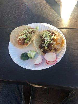 Carne asada and chicharron tacos.