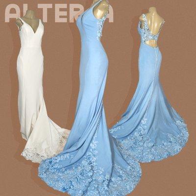 Polyester Crepe gown with lace embroidery was original white and was dyed to this Light Blue.